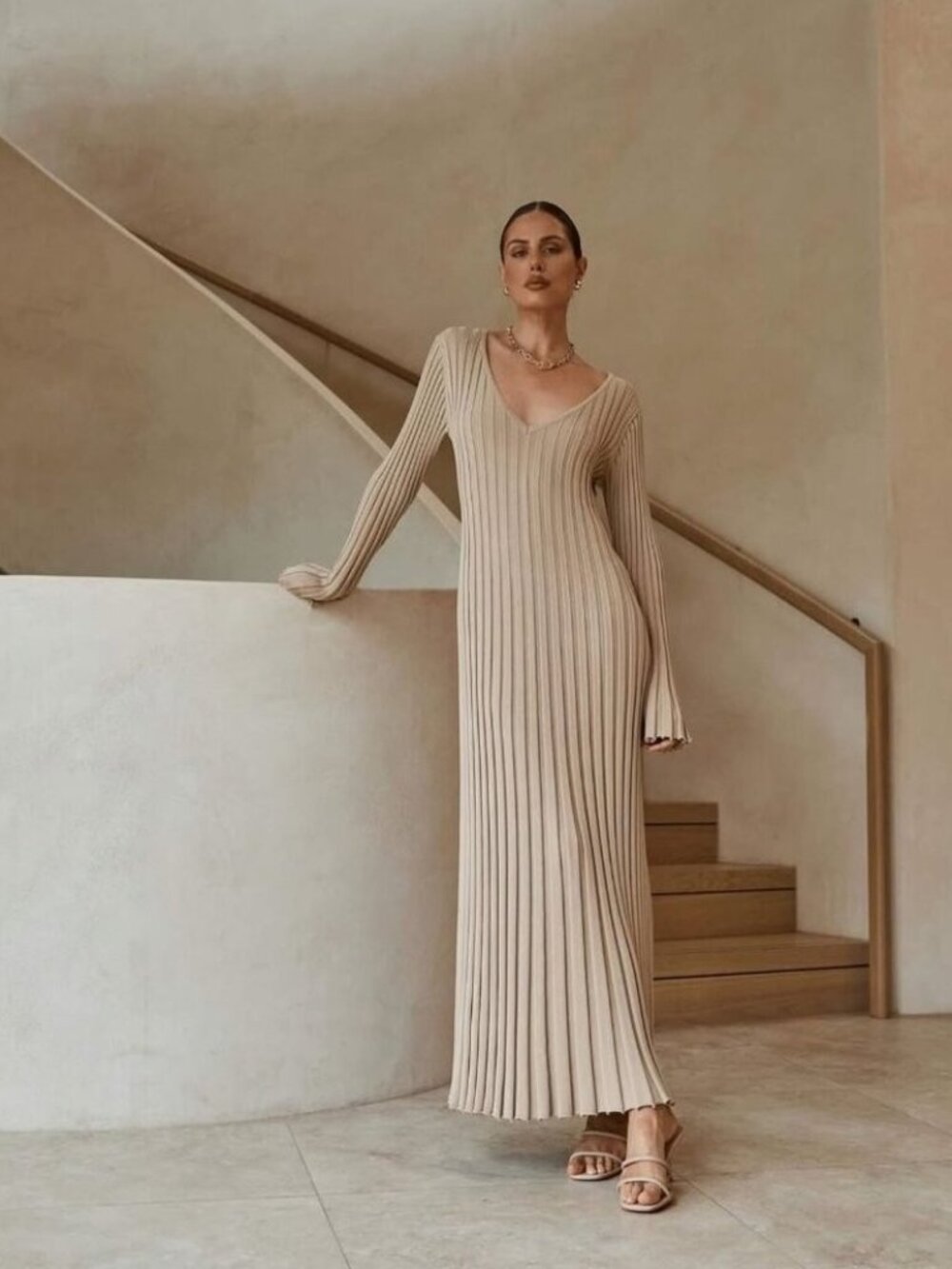 NWT DISSH Reign Midi in Stone Long Sleeve Stretch Ribbed Knit Dress M